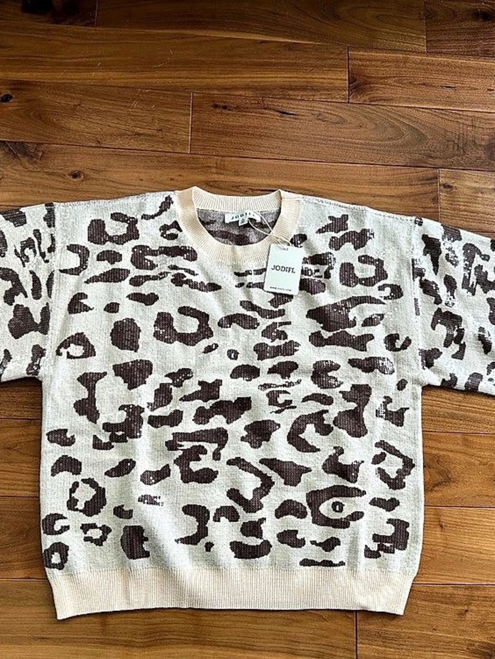 NWT JODIFL Oatmeal Rolled Edge Detail Sequins Covered Leopard Sweater Leopard
